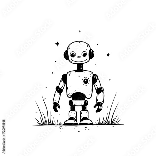 Monochrome cartoon illustration depicting friendly looking futuristic robot character amidst