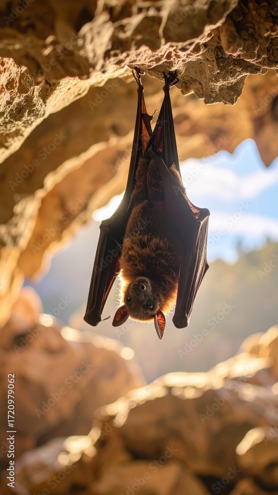 Fototapeta premium Bat Hanging Upside Down in Cave with Natural Sunlight Behind It