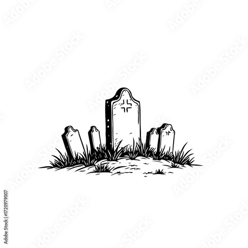 Monochrome depiction of a graveyard with weathered tombstones emerging from overgrown grass evokes