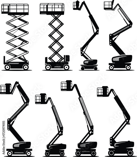 Construction lift equipment silhouette, scissor lift and boom lift illustration, heavy machinery design, industrial vehicle artwork, cad drawing flat vector illustration
