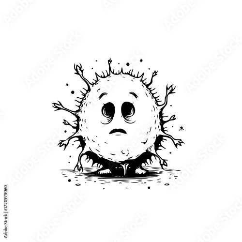 Monochrome depiction of a spiky sphere with sad facial features evoking feelings of melancholy and