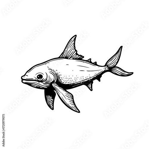 Monochrome depiction of a stylized fish with distinctive fins and a detailed illustration style