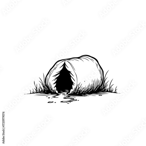 Monochrome depiction of an animal burrow entry in an isolated natural setting illustration