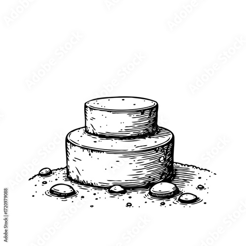 Monochrome depiction of stacked circular formations surrounded by scattered pebbles and grains