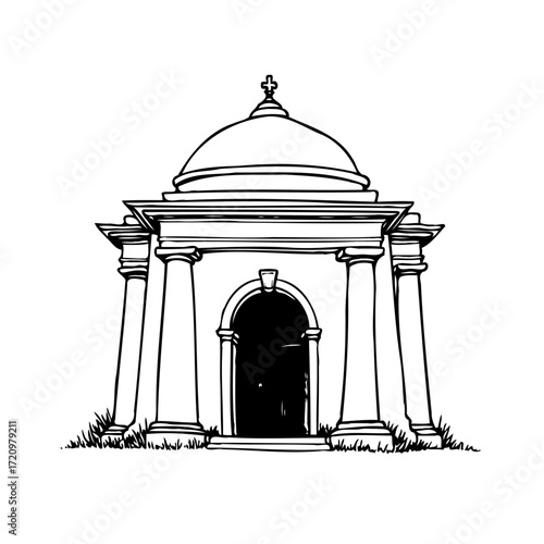 Monochrome drawing shows a neoclassical mausoleum with a dome and cross creating a somber vibe