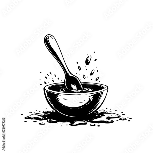 Monochrome drawing showcases liquid spilling from bowl with spoon stirring a potent dark fluid