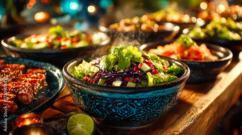 Fototapeta premium Delicious dinner on the terrace with appetizing chicken and green salad