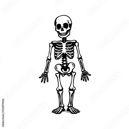 Monochrome illustration of a human skeleton standing upright against a clean white backdrop with