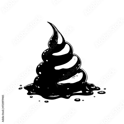 Monochrome illustration of abstract melted substance creating a stacked spiraling tower with drips