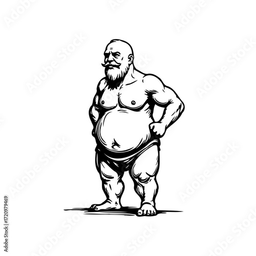 Monochrome illustration of a stout muscular bearded man conveying strength and unique character