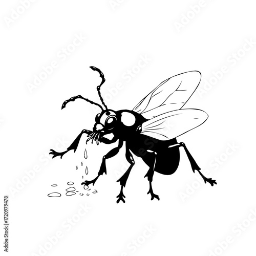 Monochrome illustration of an insect enjoying a sweet treat with dripping sugary fluids and