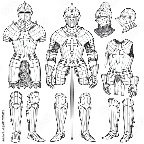 Medieval Knight Armor Collection, Detailed Illustrations for Fantasy Design Projects, Historical Character Art, Game Assets, and Creative Projects