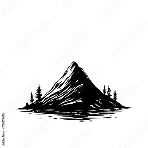 Monochrome majestic mountain peak rising above a serene lake surrounded by evergreen trees