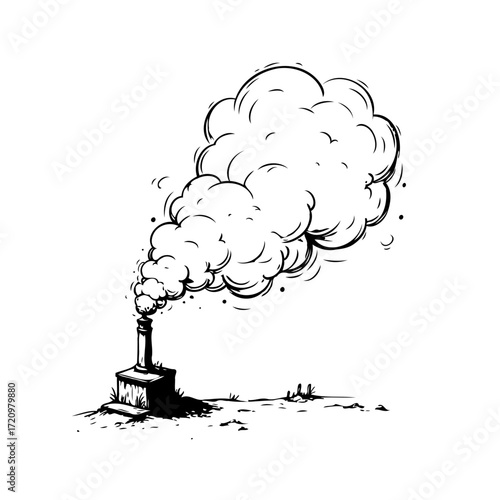 Monochrome sketch drawing showing substantial cloud of emissions billowing upwards and outwards