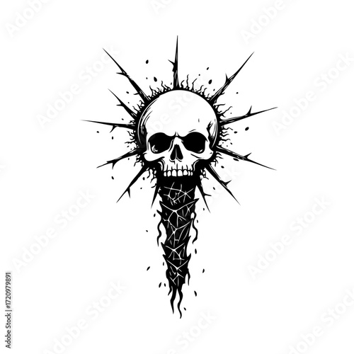 Monochrome skull surrounded by thorny protrusions offers an unsettling visual narrative on