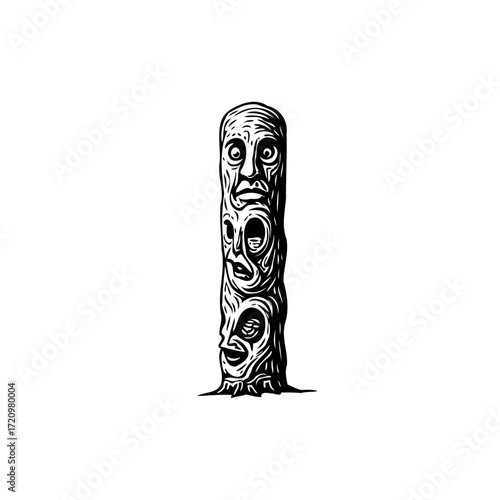 Monochrome symbolic carved totem portraying interconnected faces suggesting ancestry heritage and