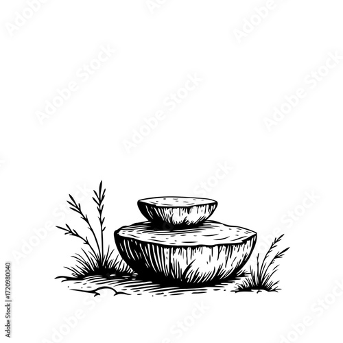 Monochrome tranquil illustration of two stacked stones amidst minimalist grass providing balance