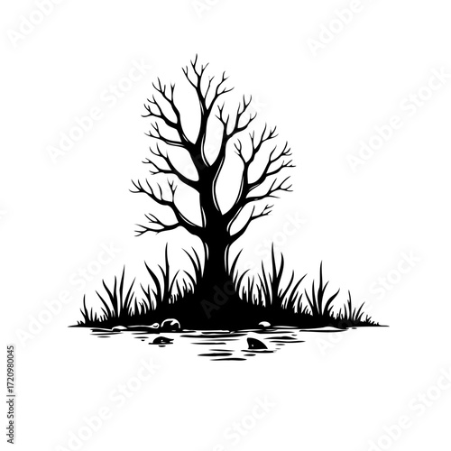 Monochrome tree with bare branches amid grassy terrain creating peaceful artistic illustration and