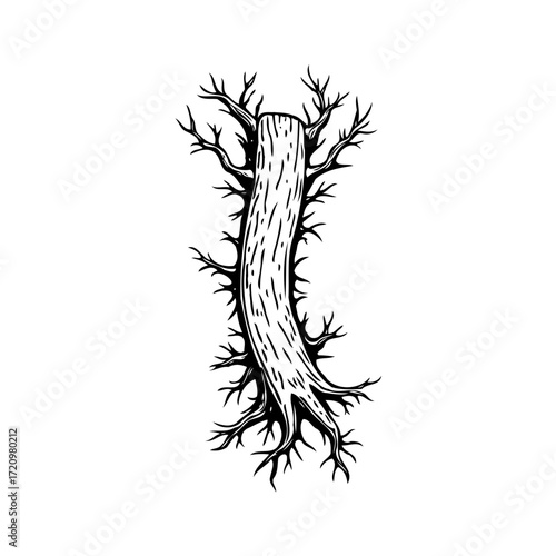 Mystical arboreal illustration showcasing a stylized tree trunk with sprawling branches in stark