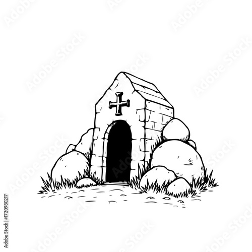 Mysterious stone chapel drawing surrounded by boulders and foliage presents a sense of ancient