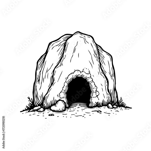 Mysterious stone cave entrance etching inviting exploration into the unknown depths with sketch