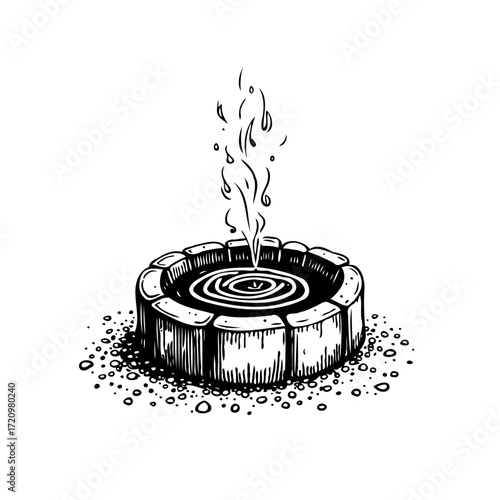 Mystical circular fountain sketch showing energy radiating upwards with swirling water design that