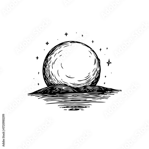 Mystical full moon illustration with celestial stars, shining over peaceful ocean waters drawn in