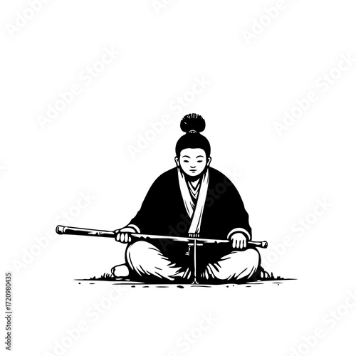 Pensive warrior in traditional attire sits calmly with katana preparing for a meditation practice