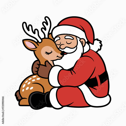 Santa Claus Hugging Reindeer Cute Christmas Illustration