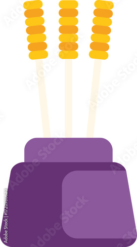 Four incense sticks spreading pleasant aroma in purple holder