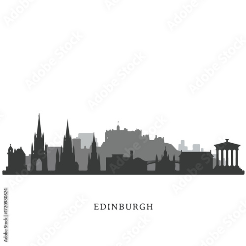 Gray silhouette of the edinburgh city skyline. Perfectly defined image suitable for travel brochures, website banners, and social media posts.