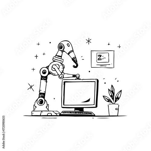 Robotic arm interacting with a computer display in a stylized workspace illustration depicting