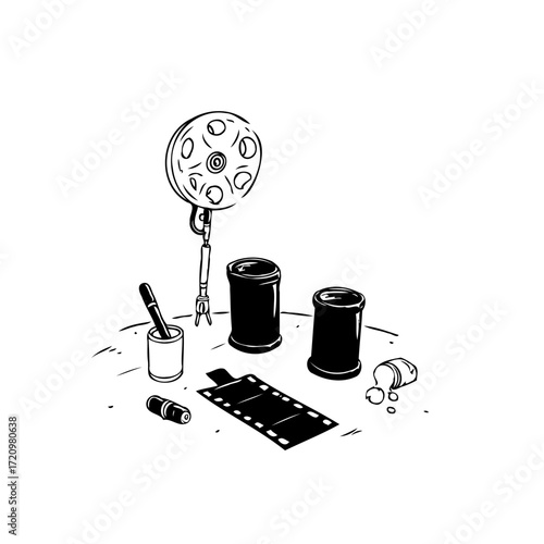 Retro photography darkroom elements showcasing analog film processing equipment illustrating the