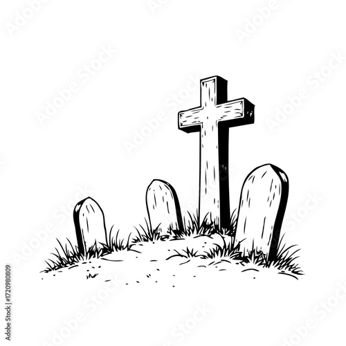 Serene depiction of aged cemetery tombstones and solemn cross under daylight for remembrance