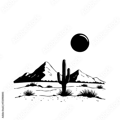 Serene desert illustration: Minimalist landscape with cactus, mountains, and celestial sun in