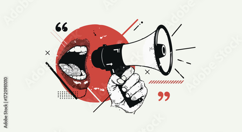 A stylized illustration of an open mouth speaking into a megaphone, symbolizing communication and public announcement.