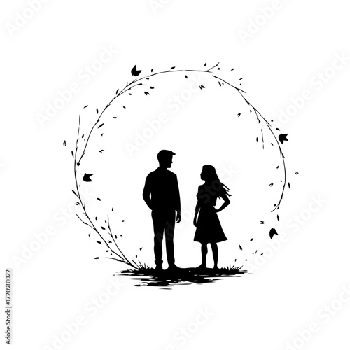 Silhouette couple surrounded by organic wreath conveying connection romance love illustration