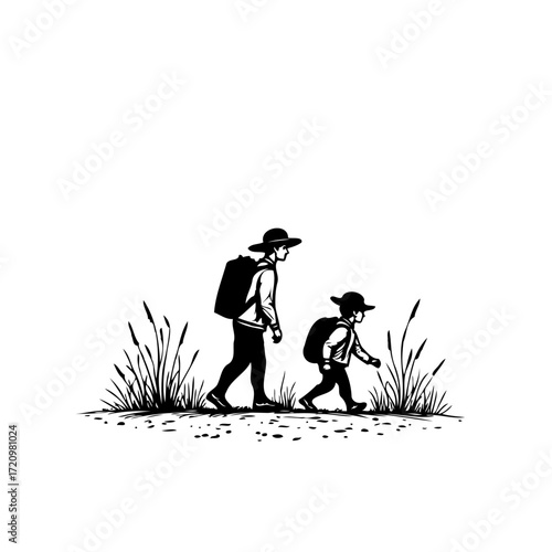 Silhouette illustration of parent and child hiking through a grassy field creating a moment of