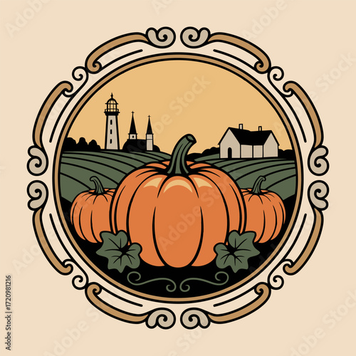 Vintage Pumpkin Farm Harvest Illustration