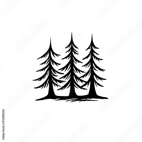 Simple aesthetic monochrome sketch of three pine trees evoking wilderness and natural beauty