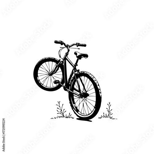 Simple black bicycle with front wheel lifted on plain backdrop ideal for designs recreation