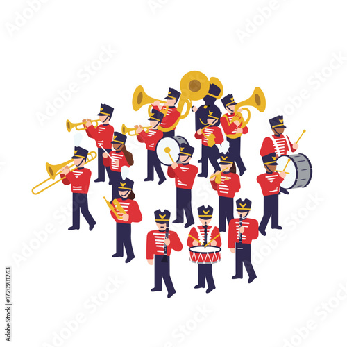Marching band in red uniforms plays instruments together proudly. Suitable for music events, school performances, parades, and celebrations.