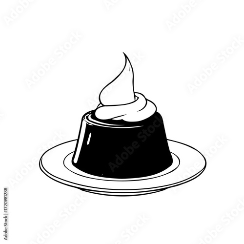 Simple dessert illustration of a pudding with topping on a plate for culinary design and decoration