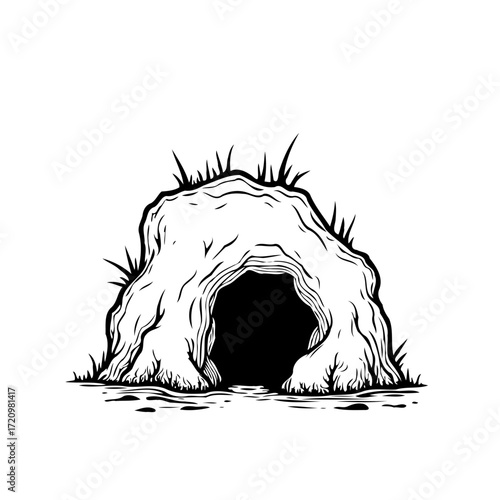 Simple monochrome illustration depicting a natural cave entrance with surrounding vegetation