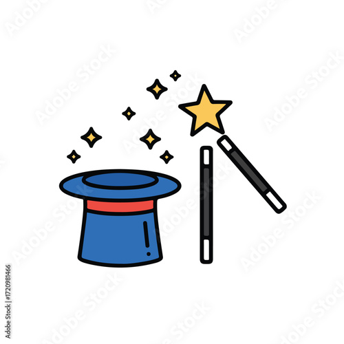 Blue magic hat with stars and wands, perfect for magicalthemed designs, childrens parties, or fantasy content creation. Fun and whimsical.