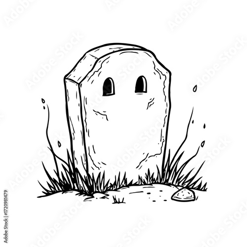 Simple tombstone artwork standing in overgrown grass offers quiet contemplation on mortality and