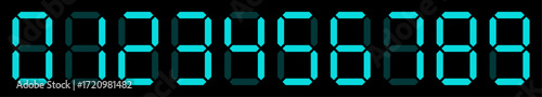 Set of 0 to 9 digital numbers simple design. Digital numbers set for electronic watches. Calculators or any other devices with lcd screens. Isolated vector illustration on black background. Flat style