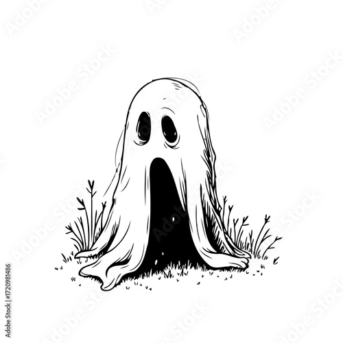 Simple illustration of a whimsical ghost figure surrounded by vegetation in a minimalistic style