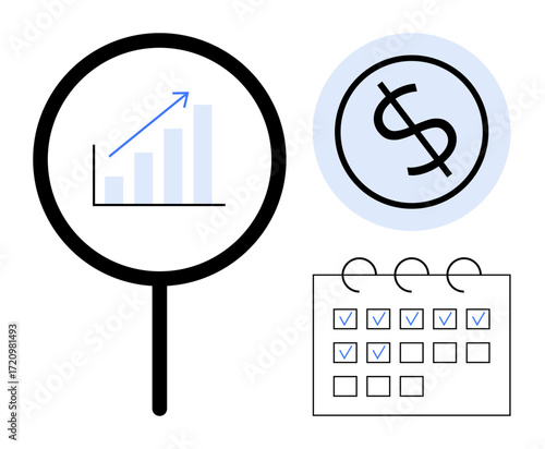 Magnifying glass focusing on growth chart, dollar symbol, and checklist calendar. Ideal for business analytics, financial planning, progress tracking, strategy, budgeting, research simple flat