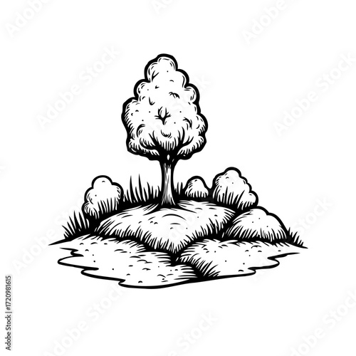 Single tree illustration on a small hill with shrubs and grass in a vintage etching style